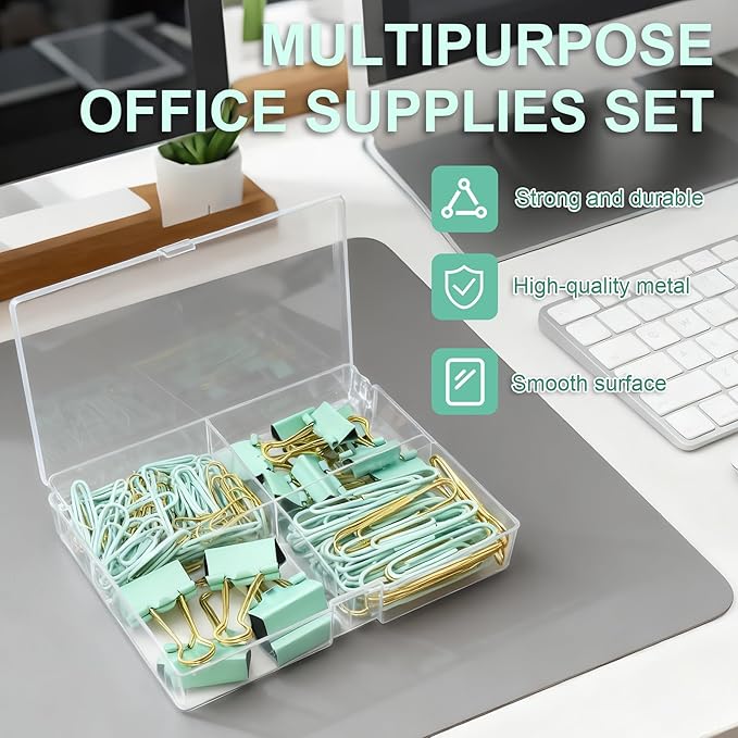 Cute Paper Clips Binder Clips Set, 165 Pcs Assorted Size Paperclips Binder Clips Large & Small Size, Cute Office Supplies Set for School Supplies and Desk Essentials, Green