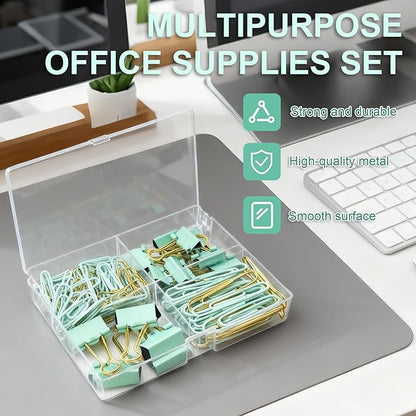Cute Paper Clips Binder Clips Set, 165 Pcs Assorted Size Paperclips Binder Clips Large & Small Size, Cute Office Supplies Set for School Supplies and Desk Essentials, Green