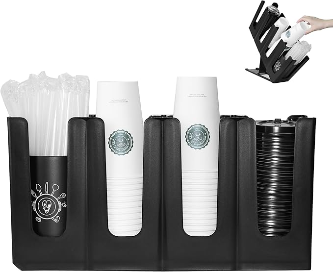 Cup Holder Lid Dispenser with Straw Organizer,Disposable Coffee Cup Dispenser,Cup Storage Organizer for Breakroom Countertop Coffee Station Bar Restaurant