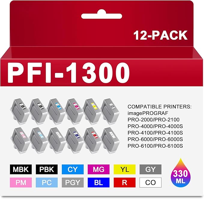 PFI-1300 Ink Tank PFI1300 Ink Cartrigde Compatible with Canon imagePROGRAF PRO-2000 PRO-2100 PRO-4000 PRO-4000S PRO-4100 PRO-4100S PRO-6000 PRO-6000S PRO-6100 PRO-6100S 12Pack 330ML