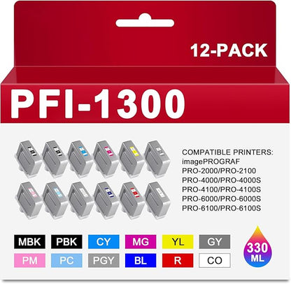 PFI-1300 Ink Tank PFI1300 Ink Cartrigde Compatible with Canon imagePROGRAF PRO-2000 PRO-2100 PRO-4000 PRO-4000S PRO-4100 PRO-4100S PRO-6000 PRO-6000S PRO-6100 PRO-6100S 12Pack 330ML