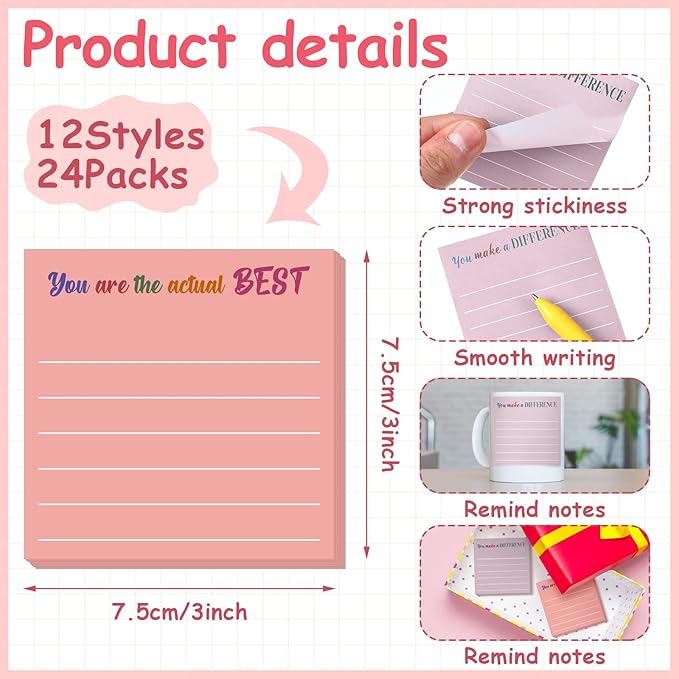 Yinder 24 Pcs Inspirational Sticky Notes Christmas Stocking Stuffers Motivational Sticky Notes Pad Employee Appreciation Gift Bulk for Teacher Nurse Coworker Office 3 x 3'' (Appreciation,Aesthetics)