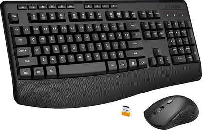 E-YOOSO Wireless Quiet Ergonomic Keyboard and Mouse Combo with Wrist Rest,Keycap Silent Design 90% Less Noise,2.4GHz 104 Keys Full Size,2400 DPI Mouse,for PC Computer/Laptop/Mac/Tablet,Black