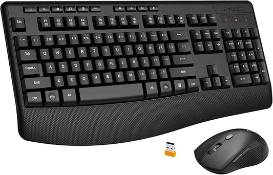 E-YOOSO Wireless Quiet Ergonomic Keyboard and Mouse Combo with Wrist Rest,Keycap Silent Design 90% Less Noise,2.4GHz 104 Keys Full Size,2400 DPI Mouse,for PC Computer/Laptop/Mac/Tablet,Black