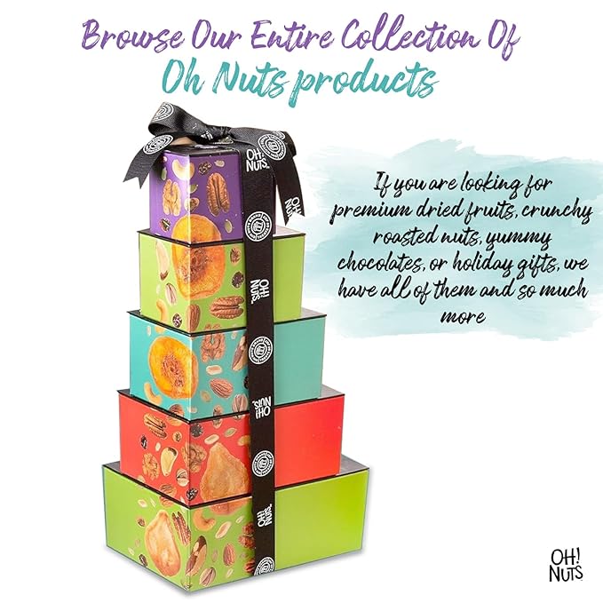 Oh! Nuts 5 Tier Gift Tower - 12 Assorted Dried Fruits and Nuts Gift Basket - Gourmet Healthy Snack Boxes for Holiday, Birthday, Thank You, Corporate Gifting, Parties & Family Celebrations