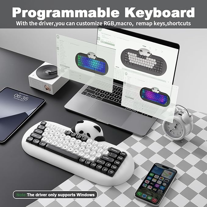 YUNZII C68 Panda Wireless Mechanical Gaming Keyboard, 68 Keys Cute Layout with PBT Keycaps,RGB Backlit, Hot Swappable,Creamy Switches,BT5.0/2.4G/Wired for Win/Mac(White,Panda Switch)