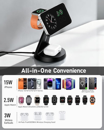 Wireless Charger 3 in 1 Charging Station for iPhone: Magnetic Docking Station for iPhone 17/16/15/14/13/12 - Multi Charging Dock for Apple Watch & Airpods 4 3 2 Pro (Adapter Included) (Black)