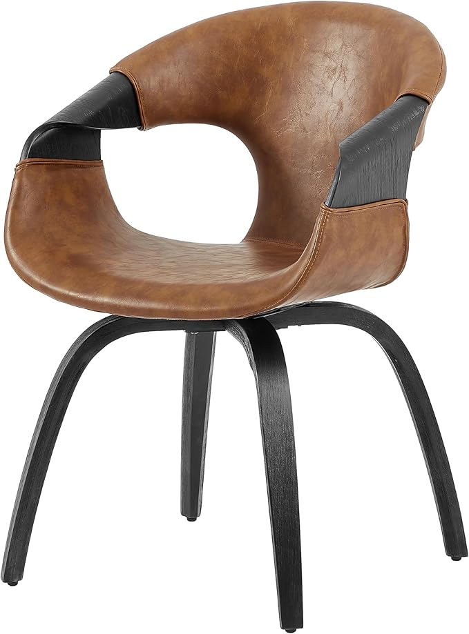 Art Leon Desk Chair No Wheels, Mid Century Modern Office Chair, Faux Leather Upholstered Swive Chair with Wood Legs for Living Room Bedroom, Walnut Bentwood, Brown/Walnut