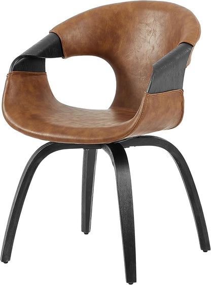 Art Leon Desk Chair No Wheels, Mid Century Modern Office Chair, Faux Leather Upholstered Swive Chair with Wood Legs for Living Room Bedroom, Walnut Bentwood, Brown/Walnut