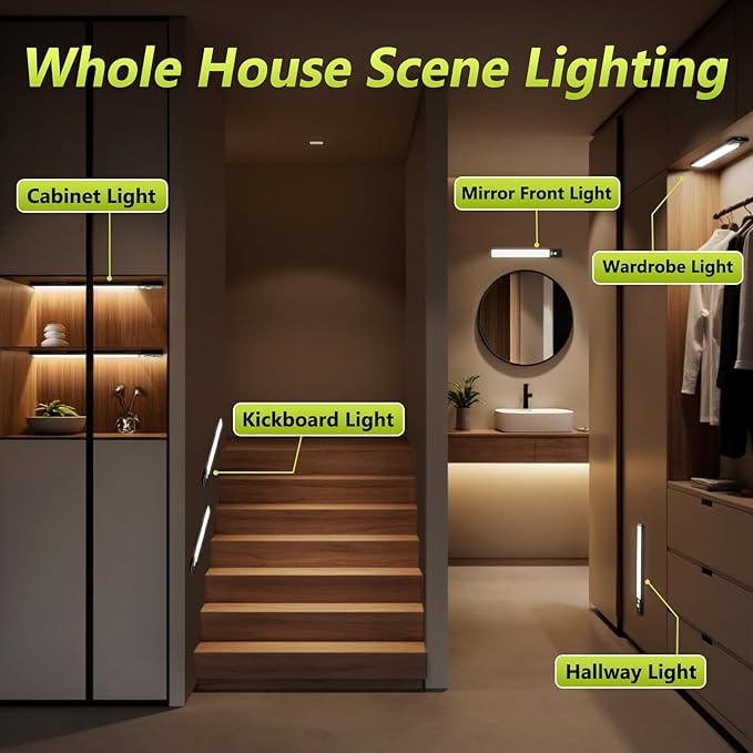 4 Pack 10" Under Cabinet Lights with Digital Display,52 LED Rechargeable Motion Sensor Light Indoor,3 Color Temperatures, Magnetic Dimmable Closet Lights, Under Counter Light for Kitchen