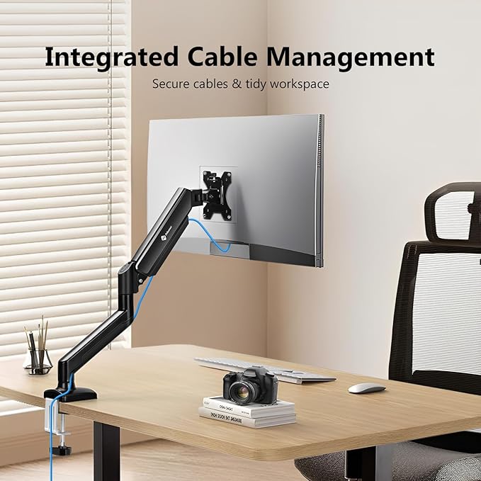Single Arm Monitor Desk Mount for 13-32 inch Screen, Tilt, Swivel, Rotation, Ergonomic Gas Spring Monitor Stand with Cable Management, VESA 75/100mm
