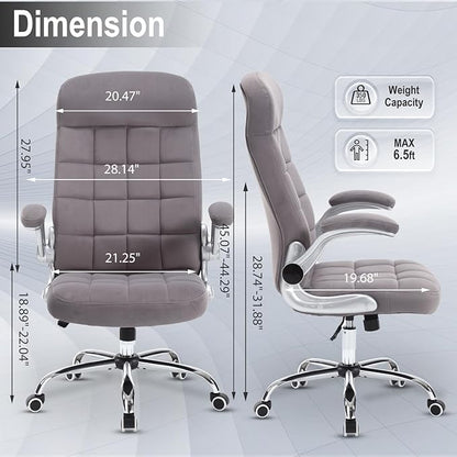 High Back Fabric Office Chair, Velvet Executive Desk Chair with Flip-Up Arms, Ergonomic Office Desk Chair with Lumbar Support, Upholstered Home Computer Chair with Wheels(Grey)