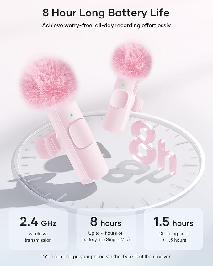 Wireless Lavalier Microphone for iPhone iPad and Android Phone, 2 Pack Lapel Mic Plug and Play Wireless Mic Noise Reduction Microphone for Video Recording Interview Podcast Vlog YouTube Tiktok (Pink)