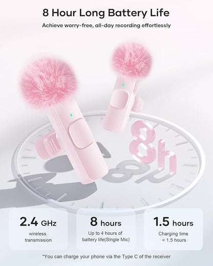 Wireless Lavalier Microphone for iPhone iPad and Android Phone, 2 Pack Lapel Mic Plug and Play Wireless Mic Noise Reduction Microphone for Video Recording Interview Podcast Vlog YouTube Tiktok (Pink)
