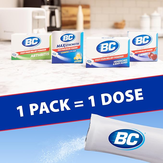 BC Powder Pain Reliever, Cherry Flavor Aspirin Dissolve Packs, 24 Count Powder Packets (2 Pack)