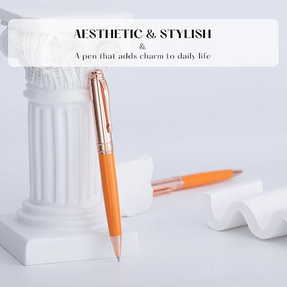 Luxury Gel Pen, Top Set With 8mm Brilliant Diamond,Bright Orange Pen Lacquer,Rose Real Gold Finish, Black Refill,Elegant Gift Pen For Women, Unique, Office,Nice Designer Pens