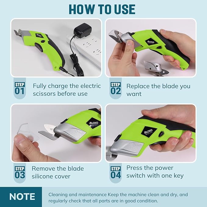 Cordless Electric Scissors, VLOXO Cardboard Cutter Electric Fabric Scissors with Blades Rechargeable Powerful Fabric Cutter for Crafts Leather Carboard Carpet Plastic Felt with Case Green