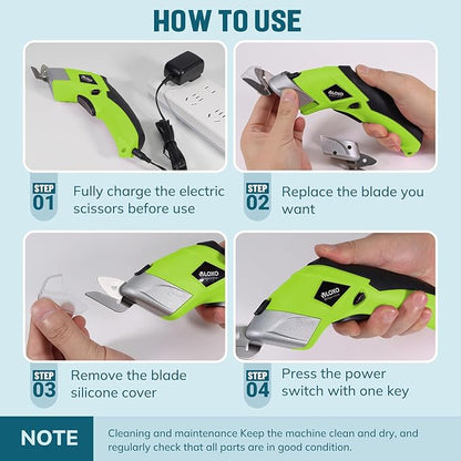 Cordless Electric Scissors, VLOXO Cardboard Cutter Electric Fabric Scissors with Blades Rechargeable Powerful Fabric Cutter for Crafts Leather Carboard Carpet Plastic Felt with Case Green