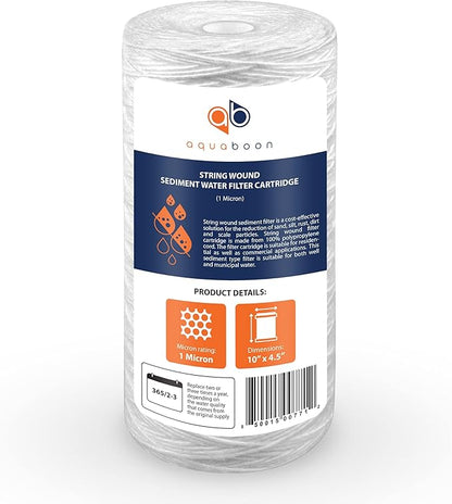 Aquaboon 1 Micron String Wound Water Filter 10x4.5 Replacement - Whole House Water Filter Cartridge Compatible with WP5BB97P,WP10BB97P, AP810, 2-Pack