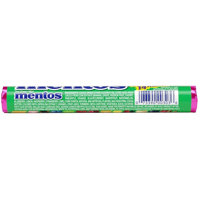 Mentos Chewy Mint Candy Roll, Holiday Candy for Christmas Stocking Stuffers for Adults & Kids Discovery, 14 Assorted Fruit Flavors, 14 Pieces Per Roll, 15 Count Showbox