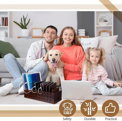 Bamboo Charging Station for Multiple Devices, Cell Phone Docking Charging Station Organizer and Cord Organizer for 10 Devices for Power Strip Storage, Phones and Tablets(Brown)