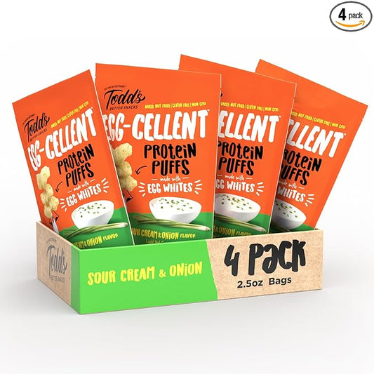 Todd's Better Snacks Egg-Cellent Protein Puffs, Sour Cream & Onion – 12g Protein, Gluten-Free, Paleo-Friendly, Baked, GLP-1 Compliant – Healthy Snack, Made with Egg Whites – 2.5 Oz (Pack of 4)