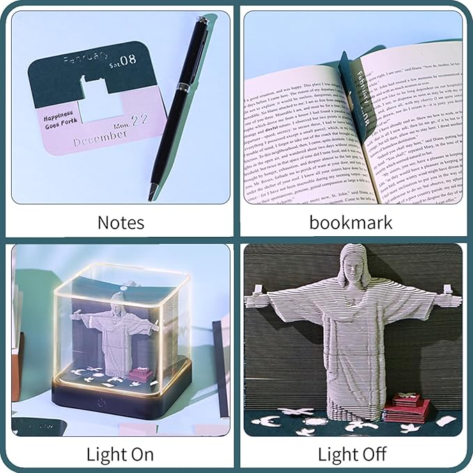 3D Time Piece Calendar 2026 DIY Calendars Tear Away Carving Art 3D Memo Pad Calendar With LED Lights sculpture artsy pads calendar notepad for Desktop Decor-Jesus