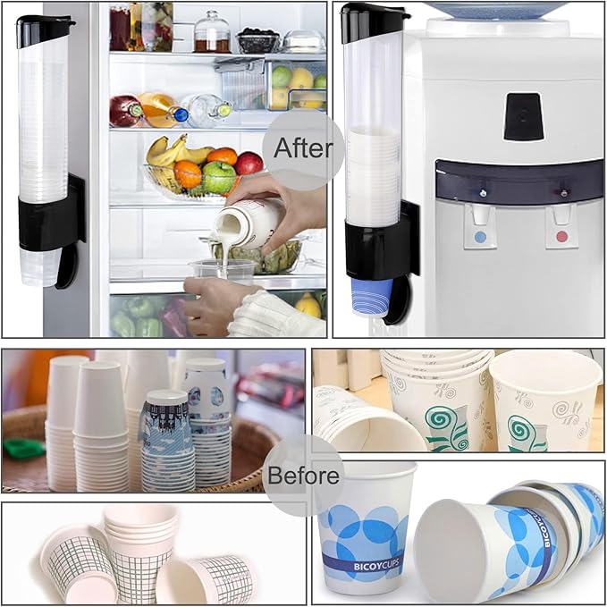 Cup Dispenser, Water Cooler Pull Type Cup Holder Fits 5oz - 7oz Cone or Flat Bottom Cups, Paste or Screw Plate Wall Mount, 15" Tube Length Black