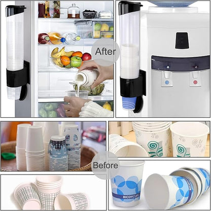 Cup Dispenser, Water Cooler Pull Type Cup Holder Fits 5oz - 7oz Cone or Flat Bottom Cups, Paste or Screw Plate Wall Mount, 15" Tube Length Black