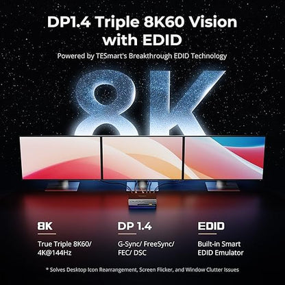 TESmart 8K@60Hz DP KVM Switch 3 Monitors 2 Computers USB 3.0, KVM Switch Triple Monitor 2 Computers DisplayPort 1.4, Support EDID, 1G Ethernet, Hotkey Switch, 4K@144Hz 2K@144Hz for Gaming&Home Office