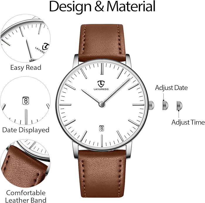 L LAVAREDO Watch for Men, Extremely Thin Mens Watches Minimalist Analog Men's Leather Wrist Watches with Time/Date, Birthday Gift for Men Boyfriend