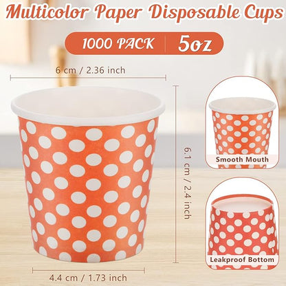 Bokon 1000 Pcs 5 oz Paper Cups Bulk Multicolor Paper Disposable Ice Cream Hot/cold Drink Tea Small Mouthwash Mini Sundae Espresso Coffee Cups for Christmas Party Travel