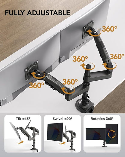 HUANUO Dual Monitor Arm for 13-32 inch Screens,Holds 19.8lb,Adjustable Monitor Stand with Clamp and Grommet Base,Vesa 75x75mm/100x100mm Compatibility (Black)