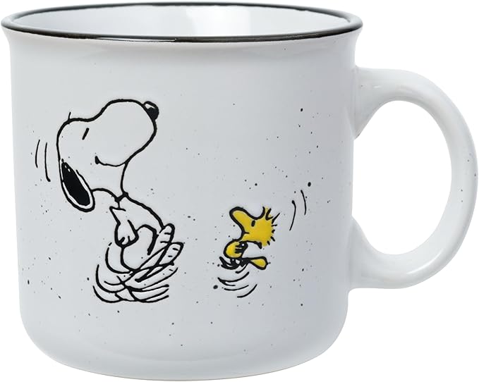 Silver Buffalo Peanuts Snoopy Woodstock Happy Dance Wax Resist 20oz Ceramic Camper Mug