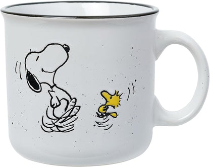 Silver Buffalo Peanuts Snoopy Woodstock Happy Dance Wax Resist 20oz Ceramic Camper Mug