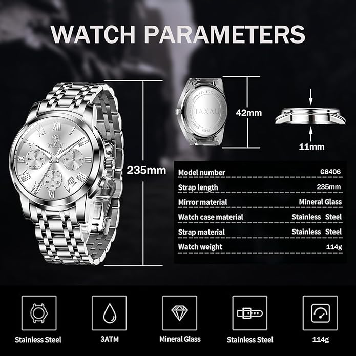 Mens Silver Watch Luxury Minimalist Dress Watch Classic Waterproof Watches for Men Analog Quartz Stainless Steel Men's Wrist Watches with Date Luminous Relojes para Hombres