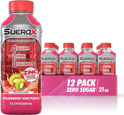 SueroX Zero Sugar Electrolyte Drink for Hydration and Recovery, Unique Blend of Electrolytes & 8 Ions, Zero Calorie Sports Drink, 21.3 Fl Oz, Strawberry-Kiwi Punch, 12 Count