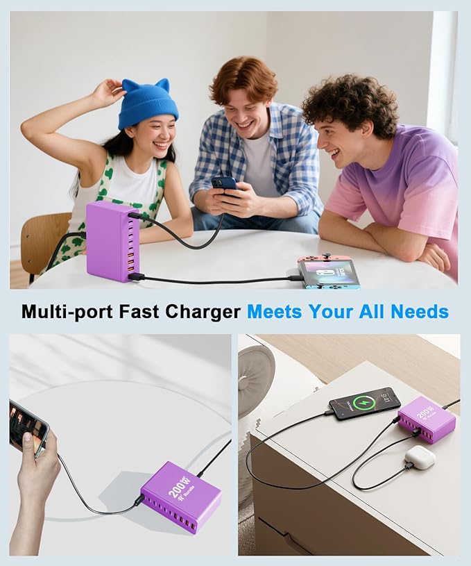 USB C Charging Station 10 Port with 4 USB Cables, 200W GaN Type C Charger Block, Wall Charger Power Strip Adapter Plug for iPad iPhone17 16 15 14 13 12 Pro Max Pixel Note Galaxy