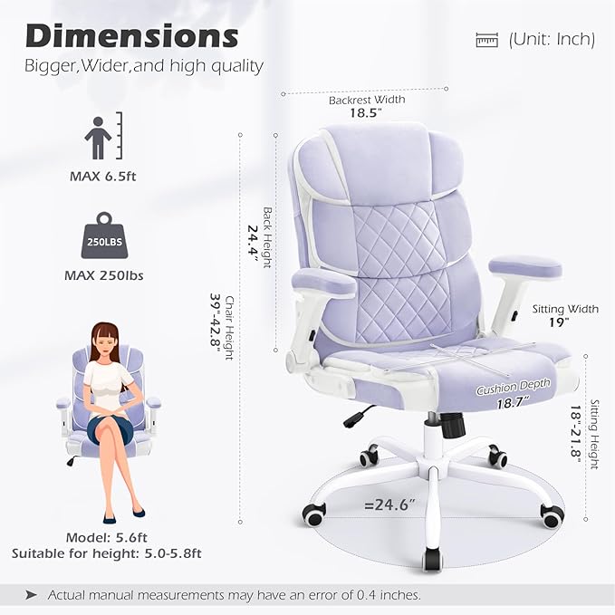 SEATZONE Office Chair Velvet Fabric Ergonomic Executive Computer Desk Chairs Small Cute Rolling Task Chairs for Teens&Adults,Purple