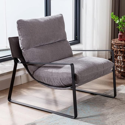 LukeAlon Modern Linen Accent Armchair, Upholstered Living Room Chair with Metal Base Thickened Cushion Single Sofa Chair Comfy Lounge Chair for Bedroom Living Room, Grey