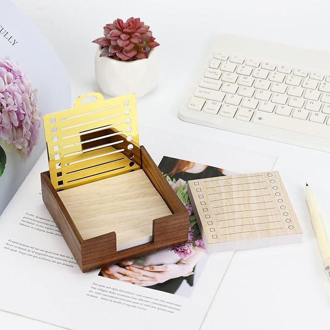 Buqoo Walnut Wood Sticky Note Holder with Metal Stencil, Post It Note Dispenser Desk Sticky Note Pad Holder Organizer for to Do Lists, Grocery Lists, Project Lsts It Holds a of Sticky Notes 3"x3"