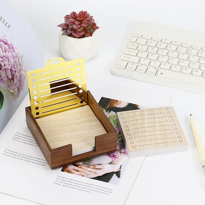 Buqoo Walnut Wood Sticky Note Holder with Metal Stencil, Post It Note Dispenser Desk Sticky Note Pad Holder Organizer for to Do Lists, Grocery Lists, Project Lsts It Holds a of Sticky Notes 3"x3"