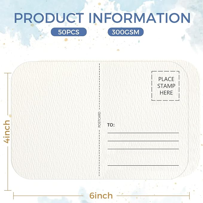 50 Sheets Watercolor Postcards 4 x 6 Inch 140lb/300gsm,100% Cotton,Acid-Free Heavyweight Art Paper with Hot Stamping Font Technology for Painting, DIY, Mailing, Invitations, Greeting Cards