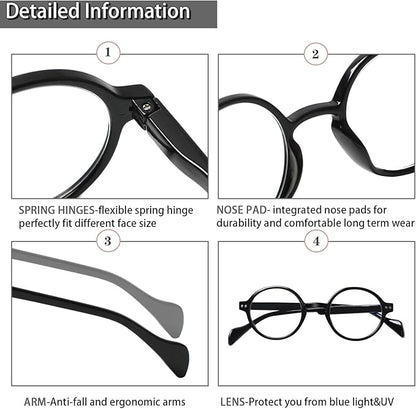 Kerecsen 6 Pack Vintage Round Reading Glasses for Women & Men Blue Light Blocking, Spring Hinge Design, Reading & Office Use
