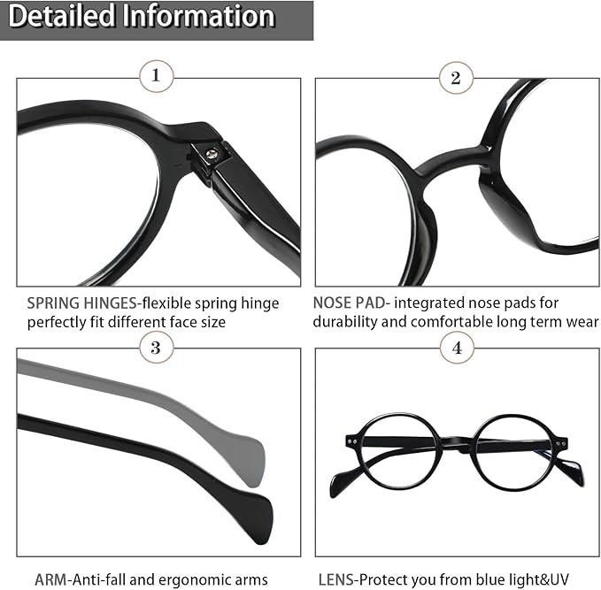 Kerecsen 6 Pack Vintage Round Reading Glasses for Women & Men Blue Light Blocking, Spring Hinge Design, Reading & Office Use