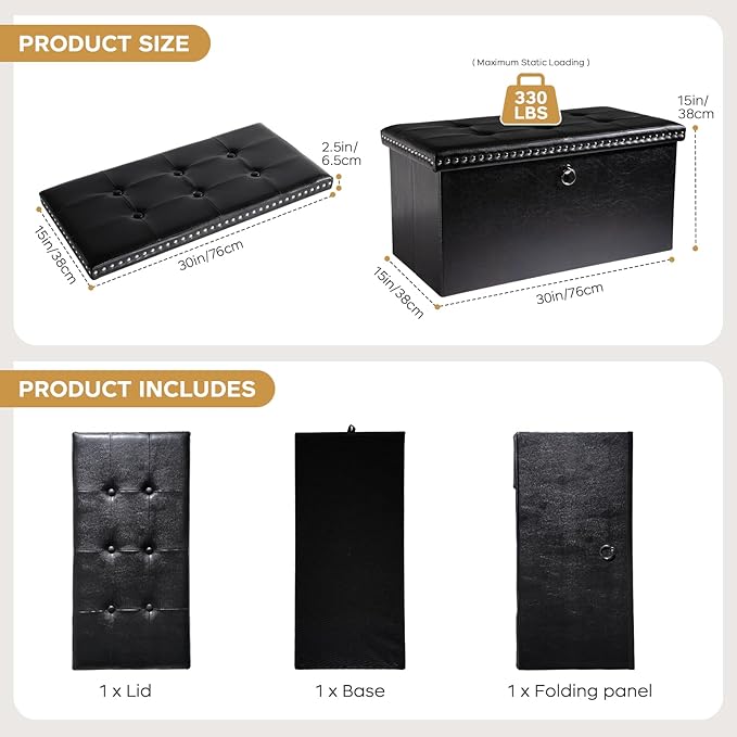 Folding Storage Ottoman Bench 30in, Leather Foot Rest Stools Ottoman with Storage, Coffee Table, End of Bed Bench Footstool for Living Room, Bedroom, Load 330 lb, 30x15x15 inches, Black