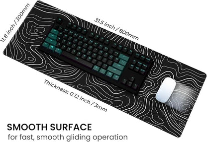 MAY FLOWER Large Gaming Mouse Pad, Full Keyboard Mat, Long Laptop Mousepad, Computer Mouse Mat for Home and Office, Anti-Slip Rubber Base, 31.5 x 11.8 Inches (Black Topographic Map)