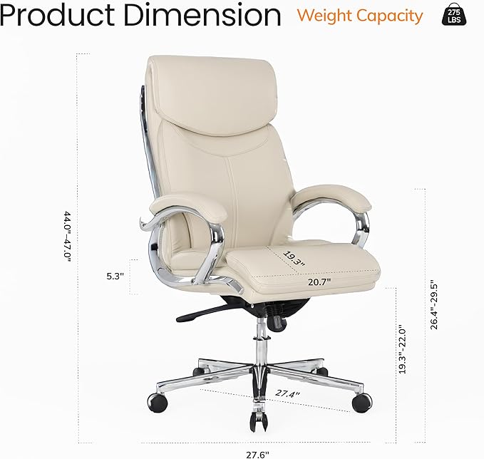 COLAMY Marcus Executive PU Leather Office Chair, High-Back Home Desk Chair Padded Seat & Back, Smooth-Rolling Casters – Luxury Ergonomic Desk Chair for Professional Workspaces (Beige)