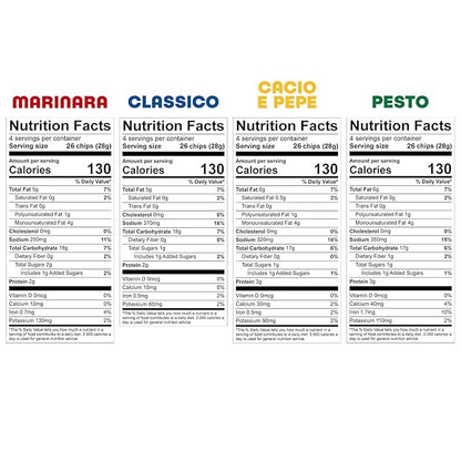 Tantos! Puffed Pasta Chips, Healthy Pasta Snack by Top Chef Joe Sasto, As Seen on Shark Tank, Plant Based, Low Calorie, Crunchy Chips, Variety Pack, Marinara, Pesto, Cacio e Pepe, Classico, Gourmet Bold Flavors, 1oz 24 Pack 6 of Each Flavor, Variety