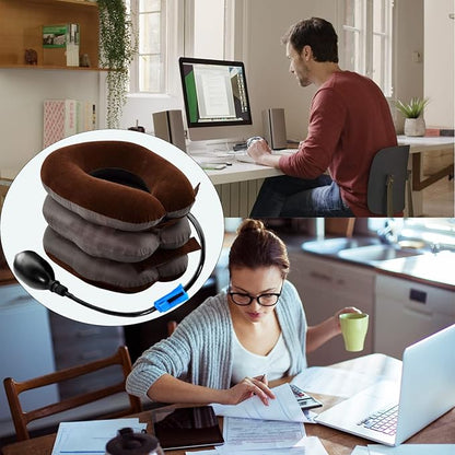 Cervical Neck Traction Device for Instant Neck Pain Relief Inflatable Adjustable Neck Stretcher Neck Support Brace Neck Traction Pillow for Home Use Neck Decompression(Brown)